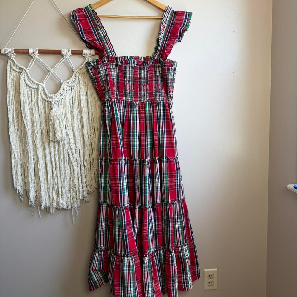 Christmas Plaid Smocked Midi Dress Crown & Ivy Ruffle Sleeve L - Picture 5 of 5